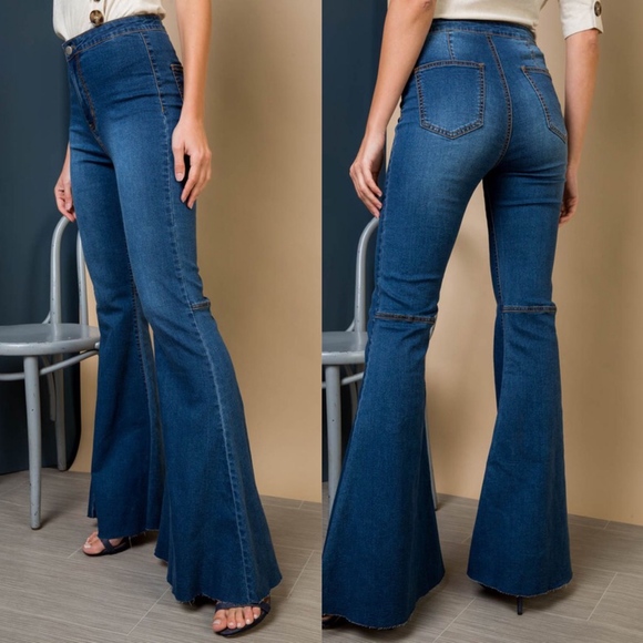 03 Boho Flared Wide Leg Denim Dark Wash Jeans - Picture 5 of 5